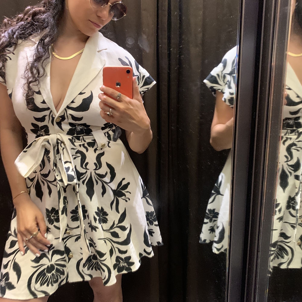 Zara White Mini Dress with Black Floral Print and Tie Waist